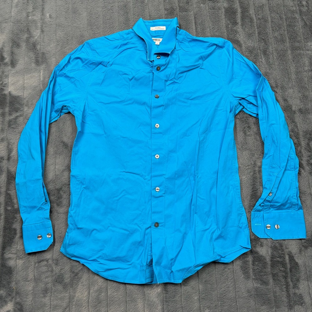 Express MX Mens Fitted Stretch Cotton Button Up Shirt Bright Blue Medium 15-15.5
